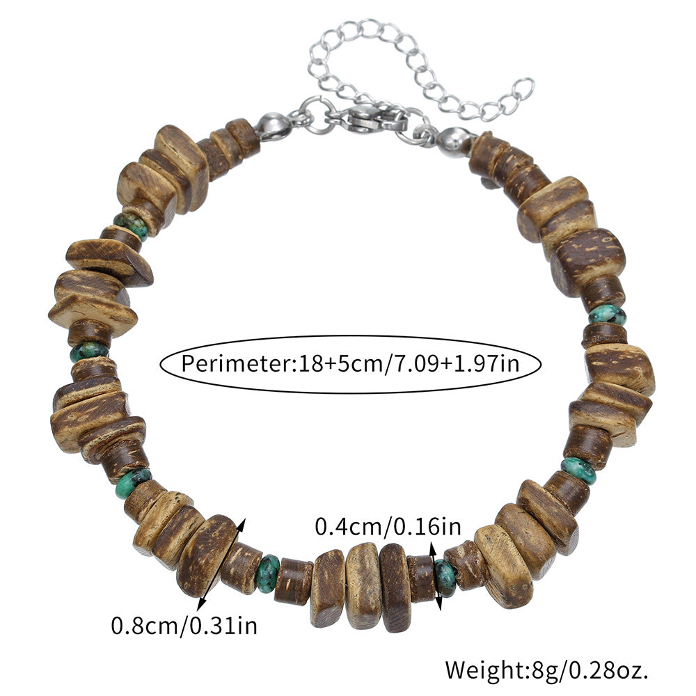 Maillard Tone Geometric Round Wood Bead Stainless Steel Bracelet