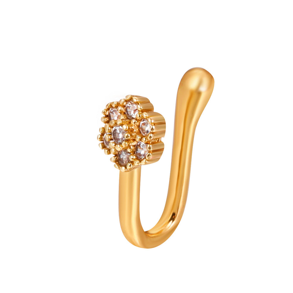 Clip per il naso a forma di U con stella e cuore placcata in rame vintage con zirconia cubica
