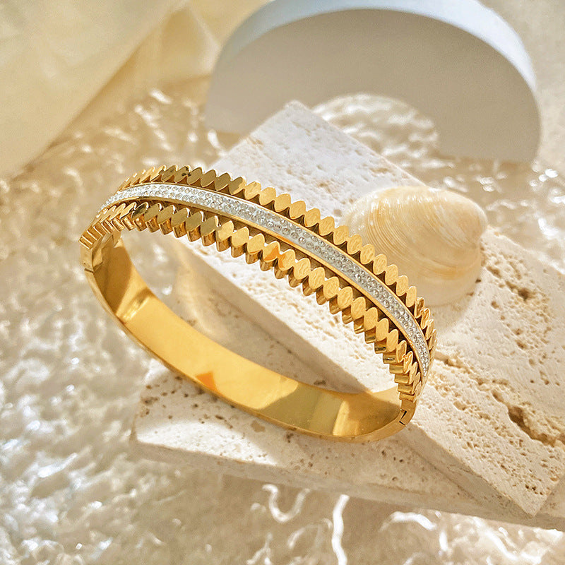 Minimalist Geometric Titanium Steel Plated Bracelet with Double Row Cubic Zirconia and Sawtooth Clasp