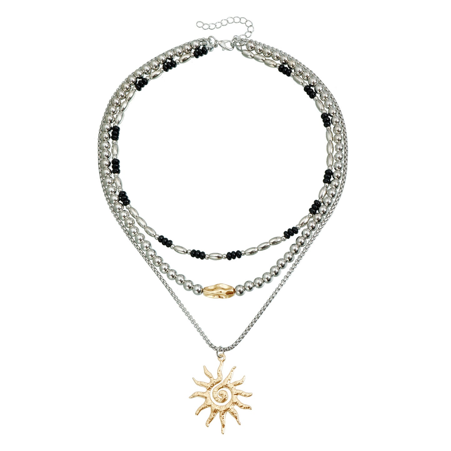 Vintage Multi-Layer Geometric Sunflower Pendant Necklace with Black Beads Alloy Plated Cable Chain for Women