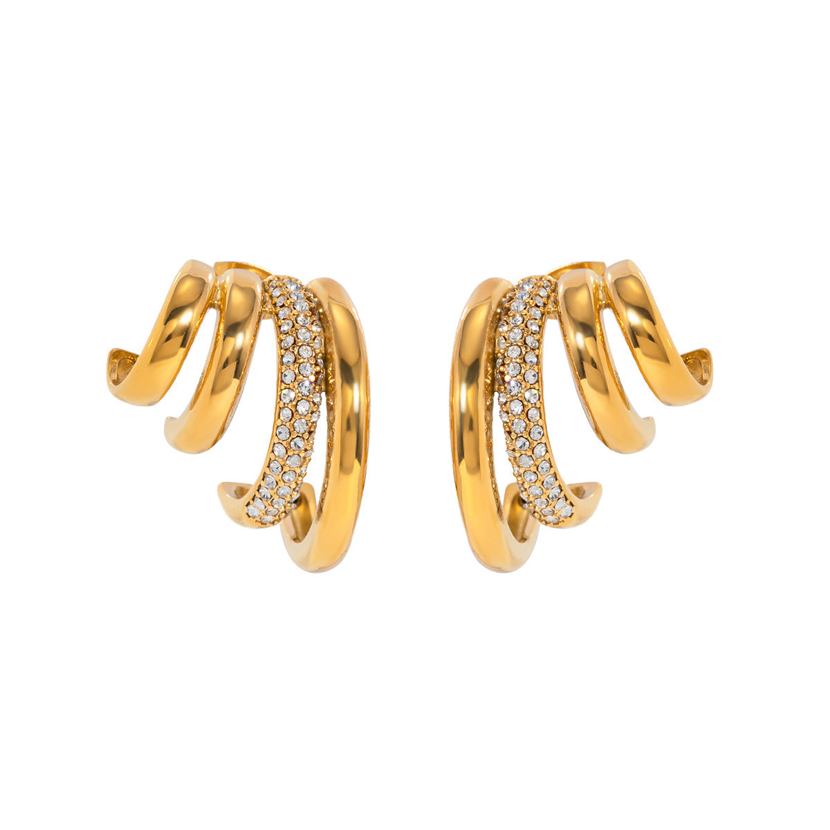 Minimalist Four-Layer C-Shaped Titanium Steel Earrings with 18K Gold Plating and White Rhinestone Accents for Women