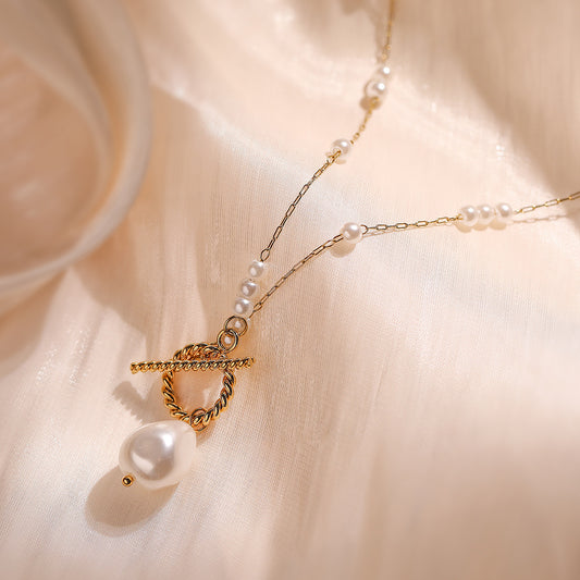 Collar de Acero Inoxidable con Geometría Minimalista y Baño de Oro de 18K para Mujer, Colgante de Perla Irregular en Cadena a la Clavícula