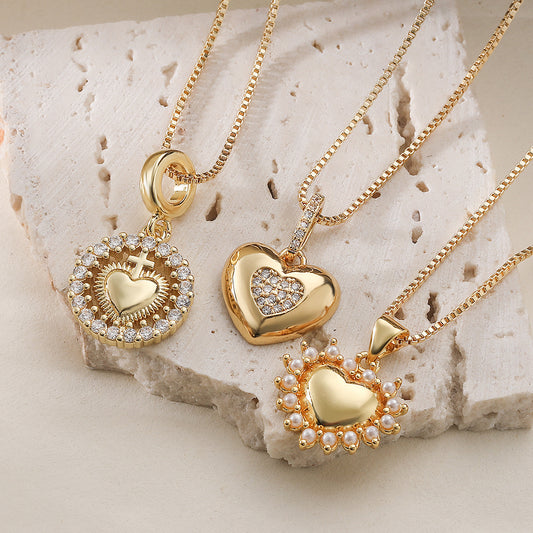 Minimalist Luxury Gold Plated Brass Heart Cubic Zirconia Pendant Necklace for Women