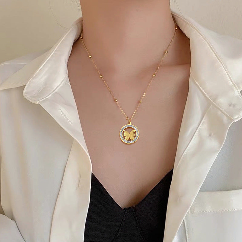 Minimalist Titanium Steel Butterfly Pendant Necklace for Women Geometric Locket Chain Fashion Office Jewelry