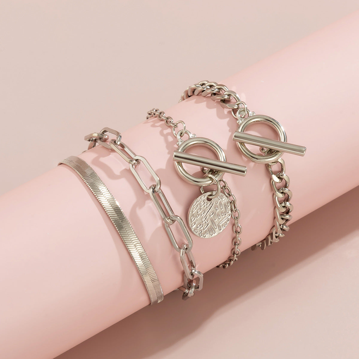 Minimalist Geometric Pendant Snake Chain Bracelet Set in Alloy with Plated Finish Sweet and Edgy Style