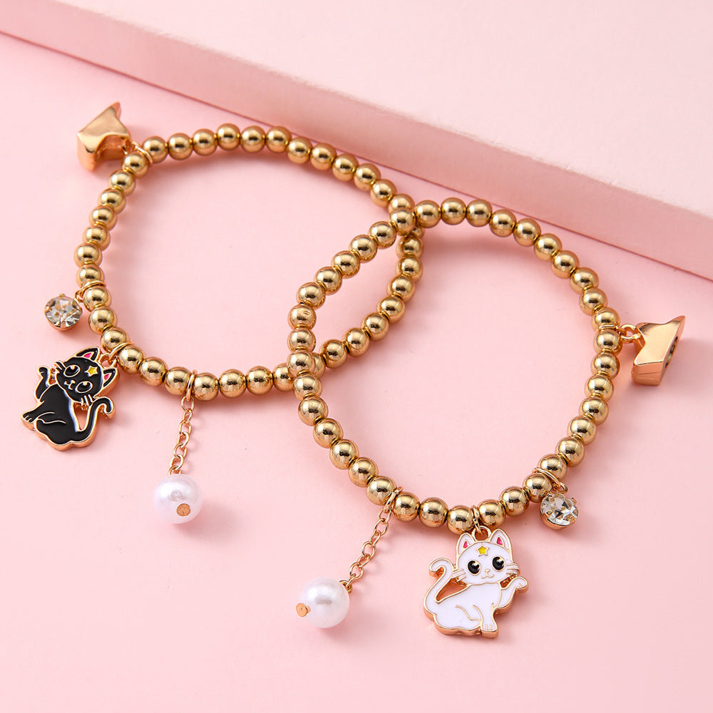 Cartoon Cat-Shaped Resin Bracelet for Girls Children's Animal-Themed Jewelry with Alloy-Inlaid Artificial Gemstones