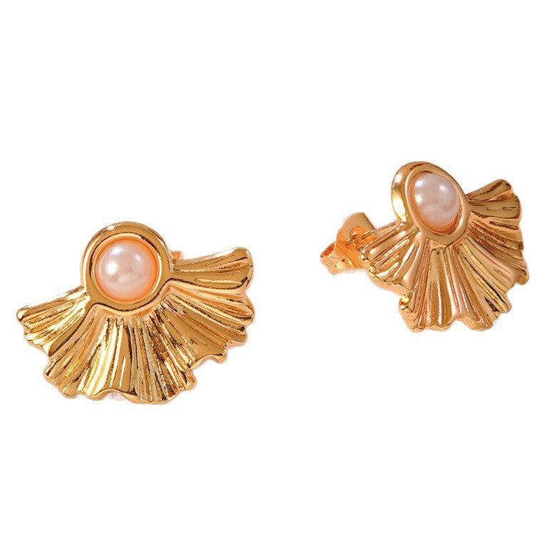 Vintage Geometric Floral Stainless Steel Stud Earrings with Pearl