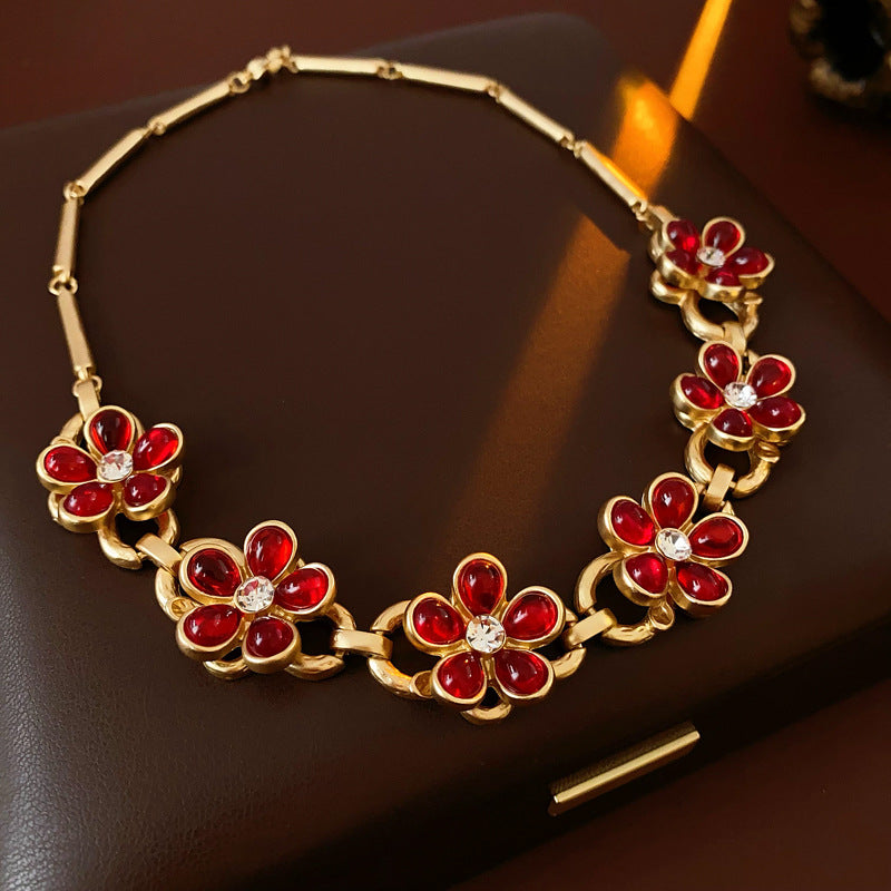 Set collana con ciondolo in vetro floreale vintage con orecchini e bracciale in lega per donna, gioielli di lusso galvanizzati