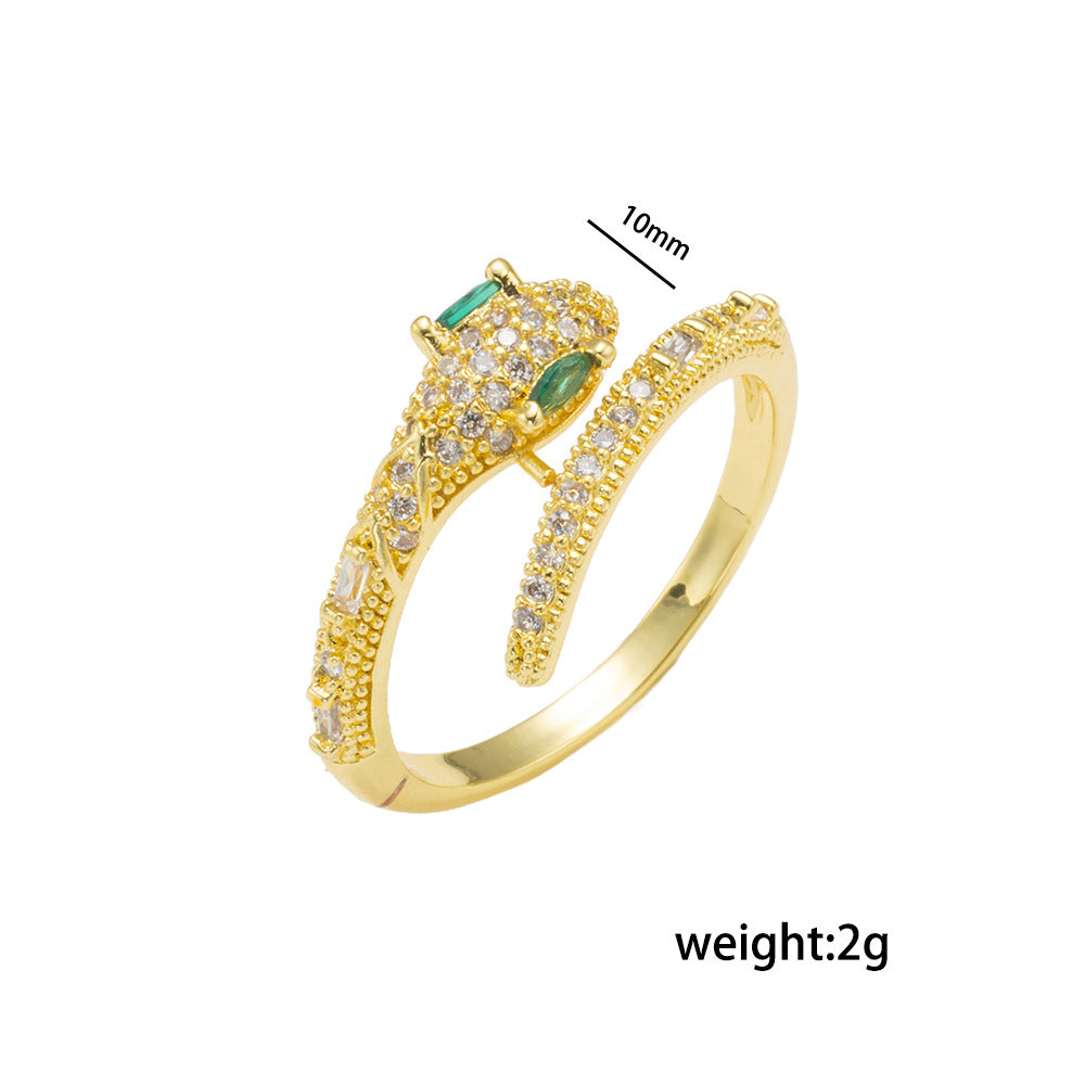 Luxury Minimalist Snake-Shaped Ring in Gold-Plated Copper with Zircon Inlay for Women