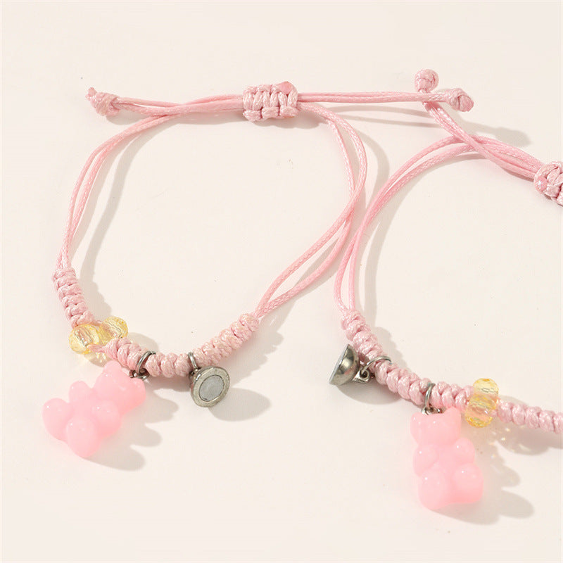 Bracciale intrecciato per bambini con ciondolo orsetto minimalista in resina plastica con chiusura magnetica