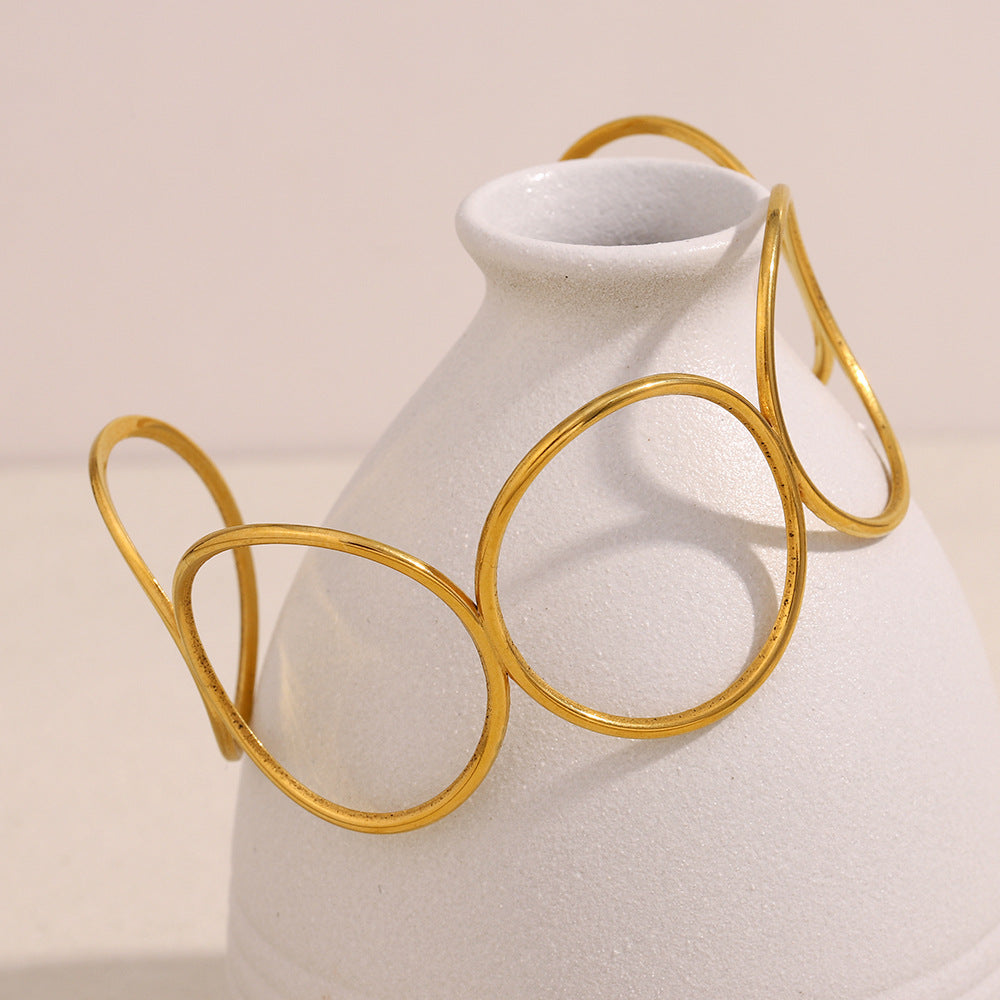 Minimalist Geometric Stainless Steel Bracelet with 18K Gold Plating, Lightweight Luxury Circle Cuff for Women