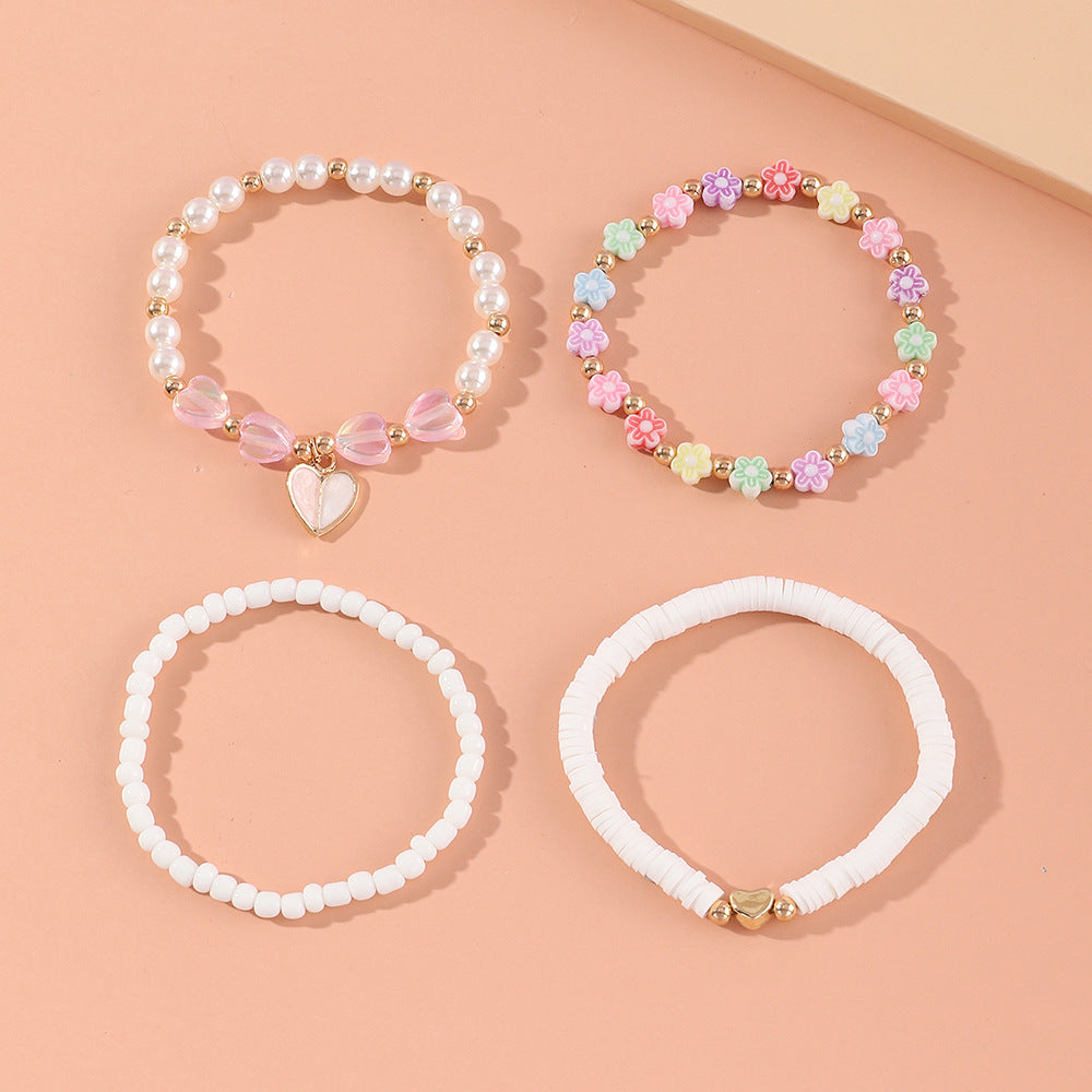 Pulsera de Cuentas de Arcilla Polimérica Corazón Floral Rosa Minimalista para Niñas, Hecha a Mano con Perlas de Cerámica Suave