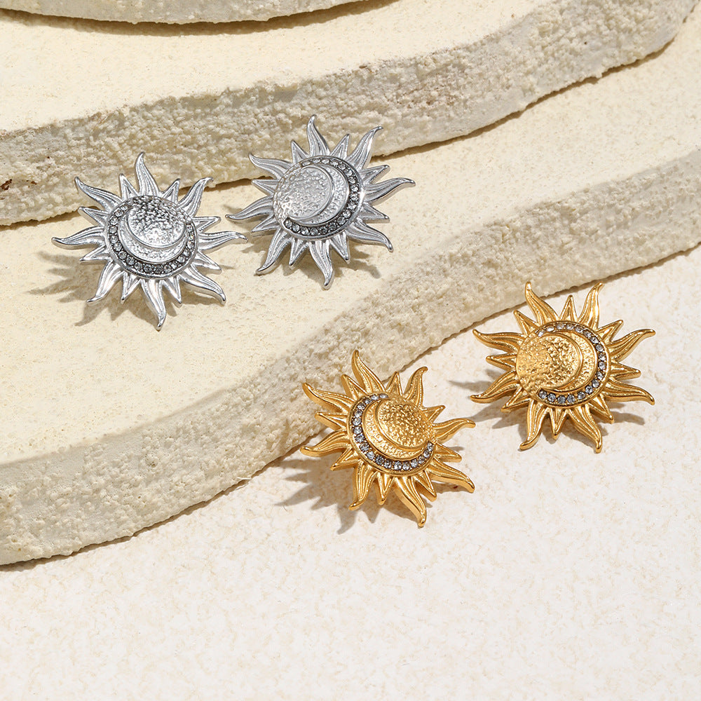 Orecchini Minimalisti Geometrici Luna e Sole in Acciaio Inossidabile con Placcatura in Oro 18K