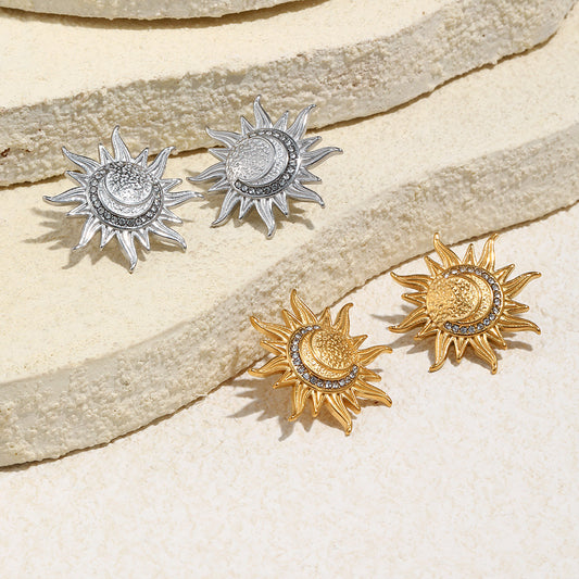 Minimalist Geometric Moon and Sun Earrings in Stainless Steel with 18K Gold Plating