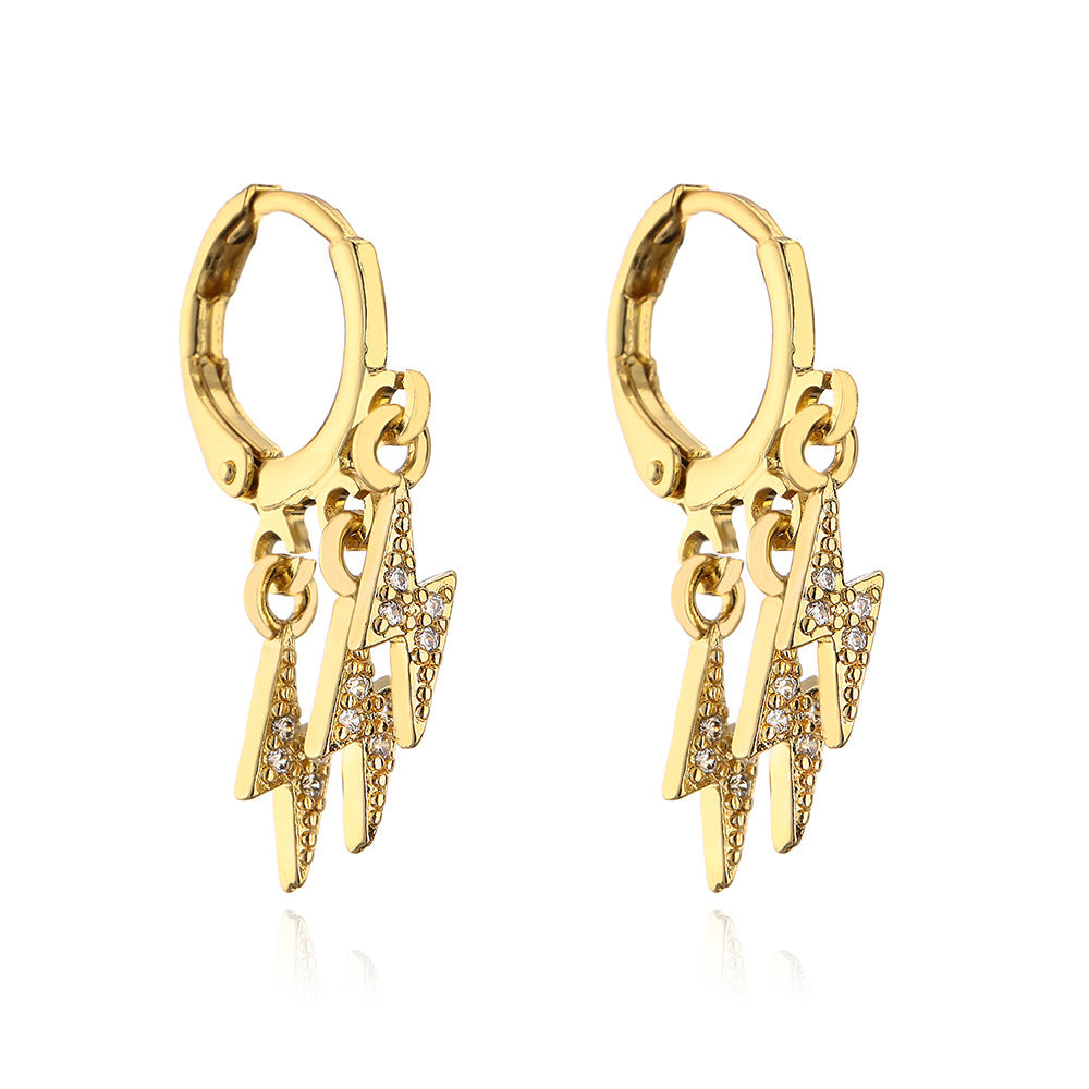 Minimalist Geometric Lightning-Shaped Earrings for Women Made of Brass with 18K Gold Plating and Zircon Inlay