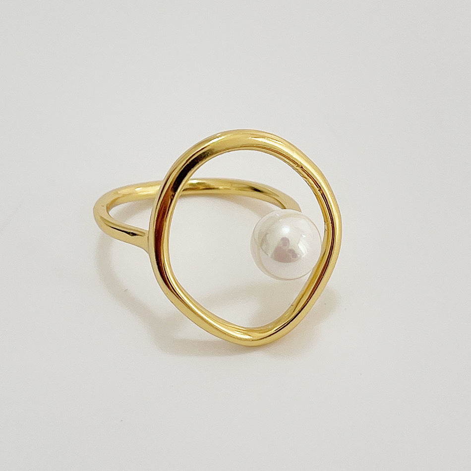 Anillo de Corazón Geométrico Minimalista de Plata de Ley 925 con Perla Incrustada para Mujer