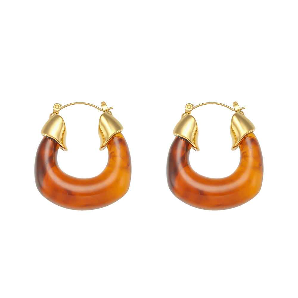 Vintage-Style U-Shaped Stainless Steel Gold-Plated Acrylic Hoop Earrings for Women with Transparent Colorful Design