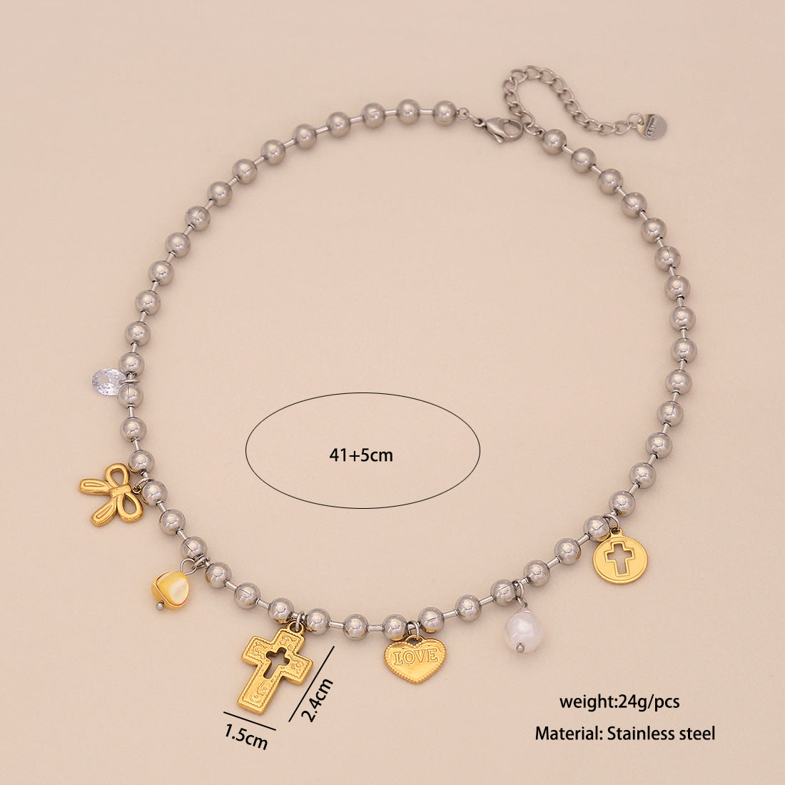 Dopamine-Inspired Heart and Cross Pendant Necklace in Gold-Plated Stainless Steel for Women
