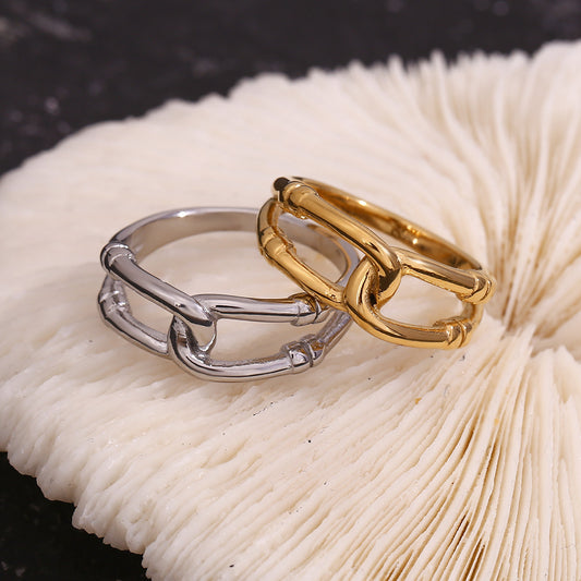 Minimalist Geometric Stainless Steel Ring with 18K Gold Plating Double-Layer Hollow Twisted Design for Women