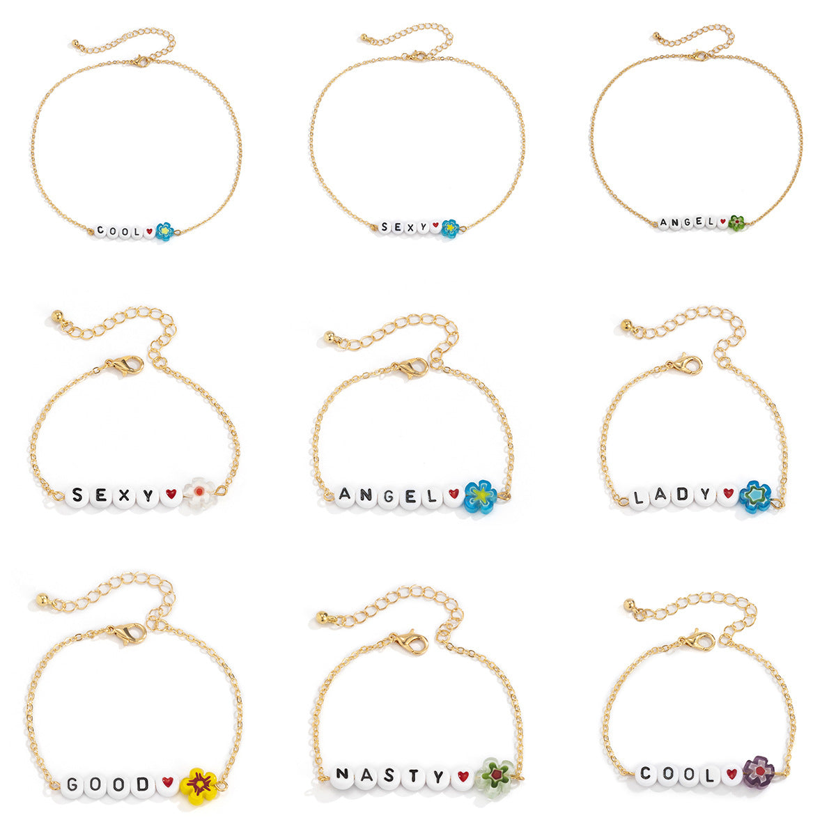 Minimalist Floral Acrylic Beaded Necklace and Bracelet Set with Curb Chain