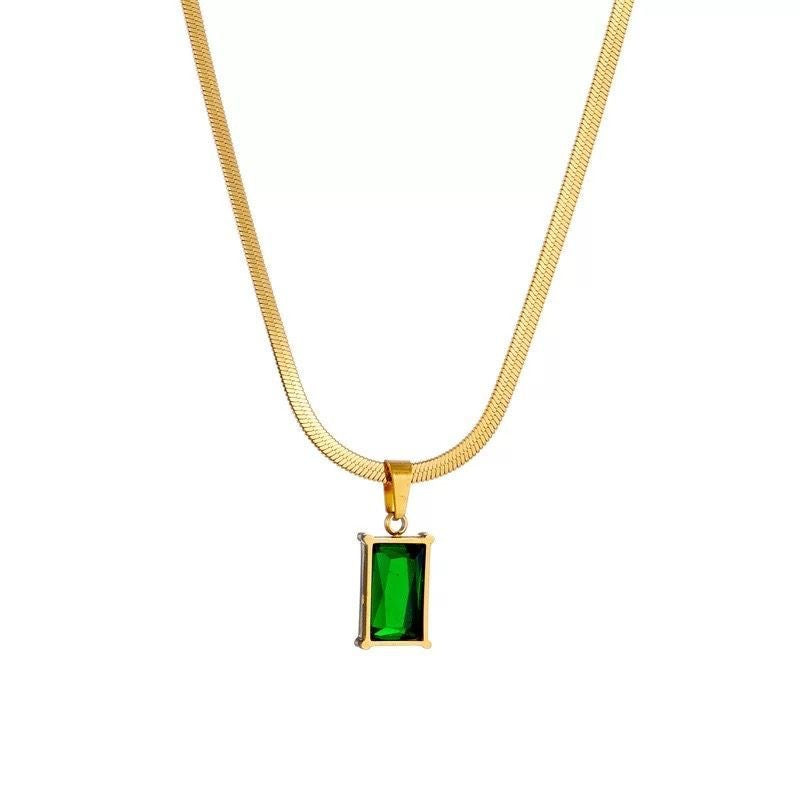 Minimalist Luxury Geometric Emerald Cubic Zirconia Plated Titanium Steel Snake Chain Necklace for Women