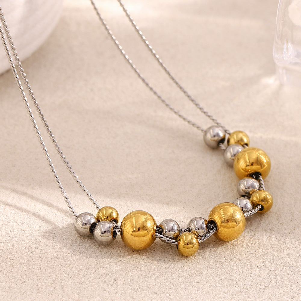Collana Minimalista Geometrica a Doppio Strato in Acciaio Inox Placcato Oro 18K con Perle d'Oro Alternate e Maglie a Catena Rotonde