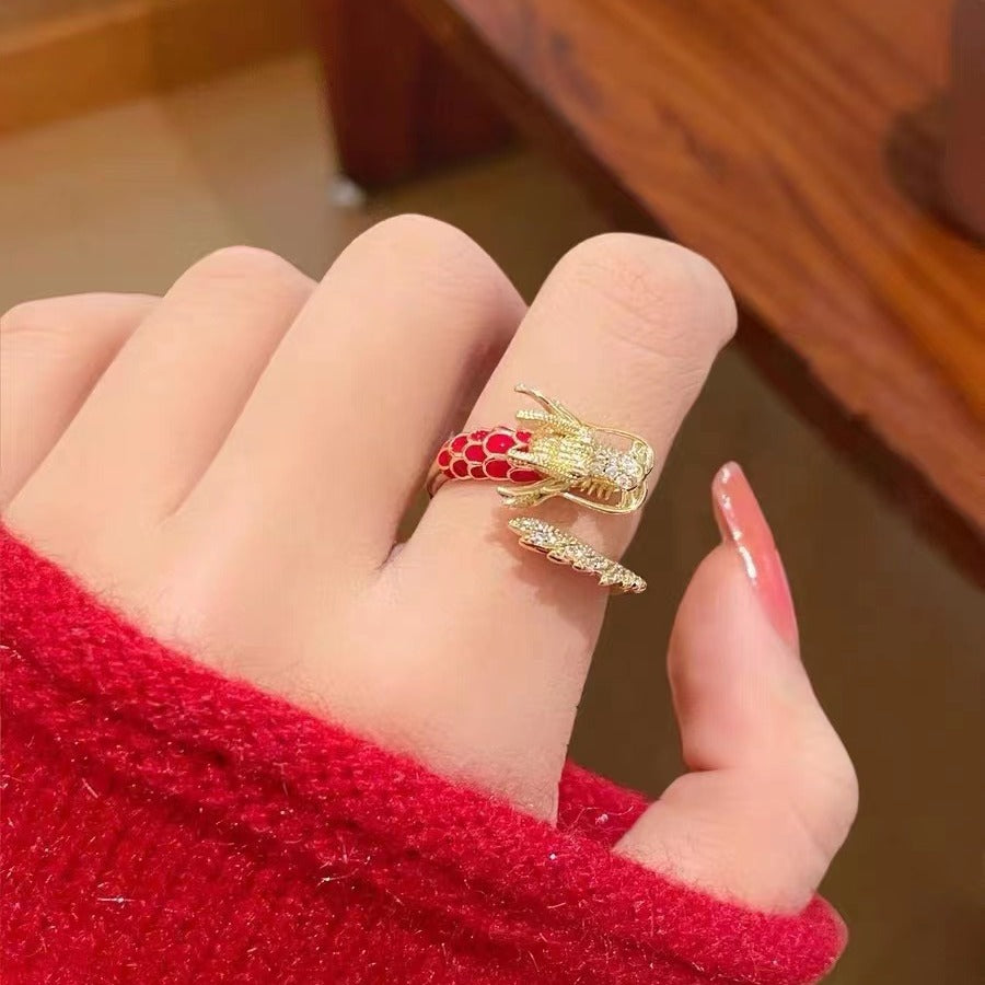 Original Design Dragon Shape Copper Ring with 18K Gold Plating for Women and Men, Red Oxidized Luxury Adjustable Band