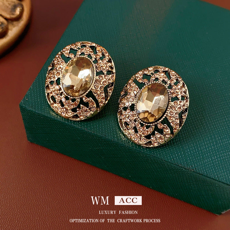 Orecchini a perno geometrici ovali traforati stile vintage con strass da donna con perni in acciaio inossidabile