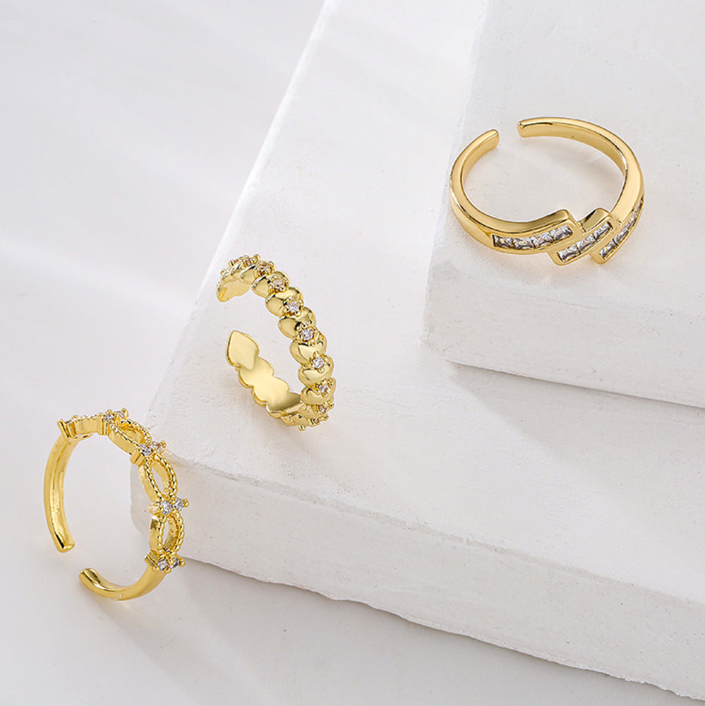 Geometric Open Ring for Women with Copper Base Plated in 18K Gold and Micro-Paved Zirconia