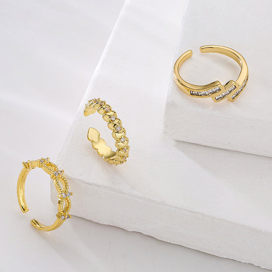 Geometric Open Ring for Women with Copper Base Plated in 18K Gold and Micro-Paved Zirconia