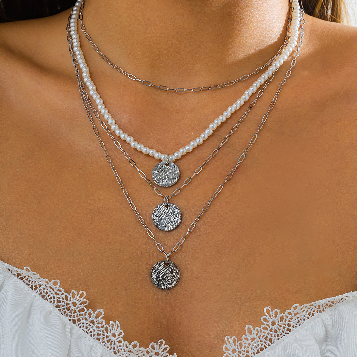 Vintage Bohemian Ethnic Round Geometric Faux Pearl Pendant Alloy Singapore Chain Layered Necklace Set