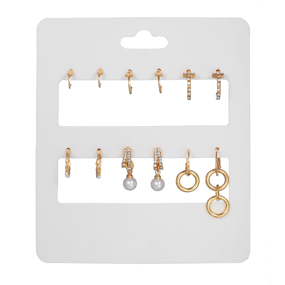 Vintage Geometric Heart Square Alloy Earring Set with Pearl and Rhinestone Tassel C-Hoop
