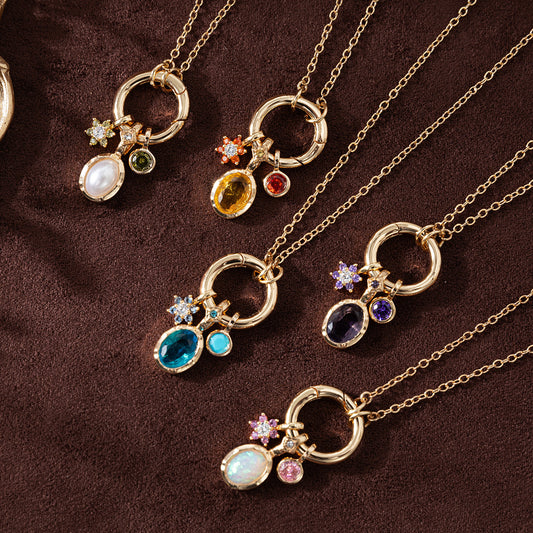 Collar geométrico de piedra natal, latón chapado en oro, colgante de circonita cúbica, barra para mujer