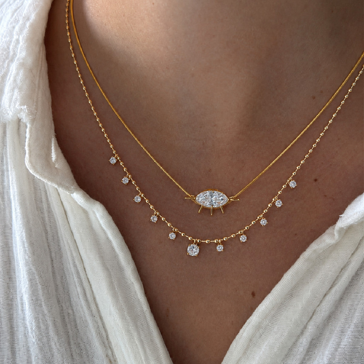 Minimalist Luxury 18K Gold Plated Stainless Steel Square Marquise Rhinestone Pendant Necklace for Women