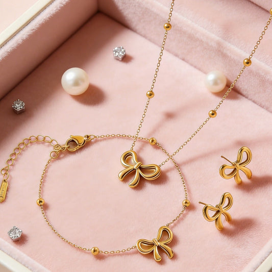 Sweet 18K Gold Plated Stainless Steel Bow Necklace Bracelet Earring Set