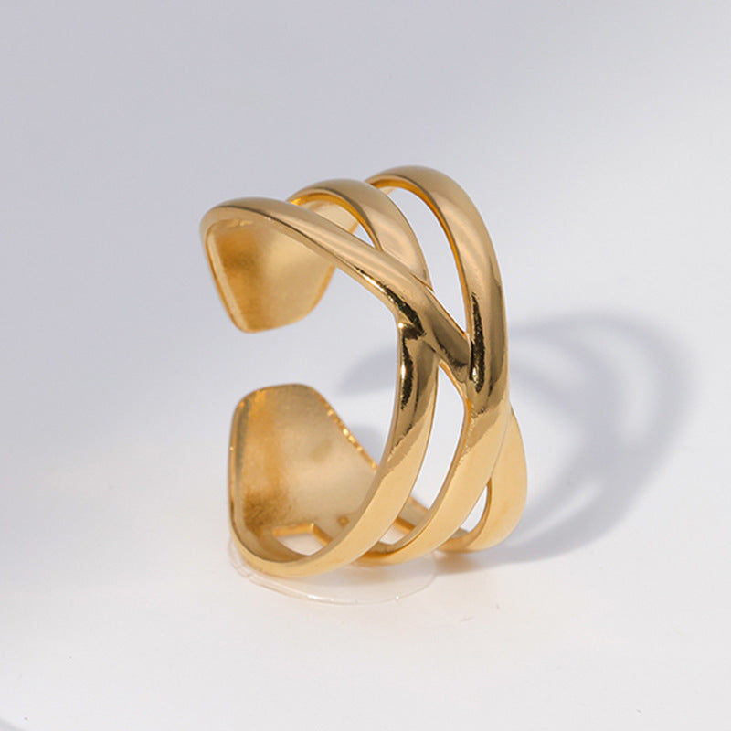 Anello aperto da donna minimalista geometrico in acciaio al titanio con finitura placcata, fascia ipoallergenica in acciaio inossidabile