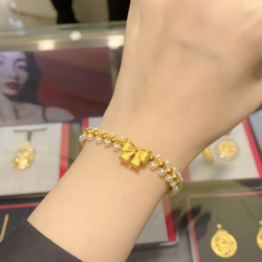 Original Design Bowknot Beaded Bracelet for Women with Alloy Construction and Vacuum Plating Finish, Butterfly Motif and Geometric Shape, Lightweight Luxury Style