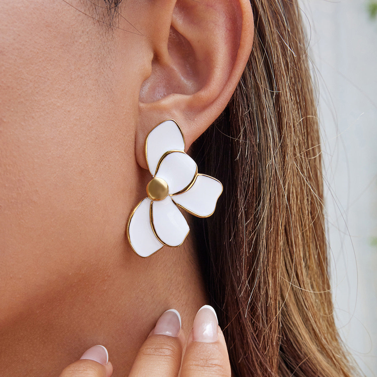 Orecchini da donna geometrici minimalisti in acciaio inossidabile smaltato con motivo floreale, ipoallergenici e resistenti allo sbiadimento