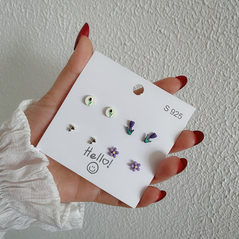 Sweet Geometric Ceramic Drip Oil Earrings with Pearl Accents and 925 Sterling Silver Posts