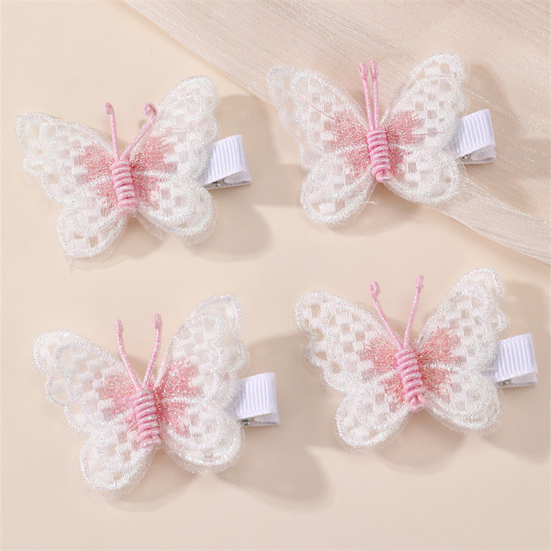 Pinza de pelo de mariposa de dibujos animados para niños hecha de tela de red con textura de punto estilo macaron pastel