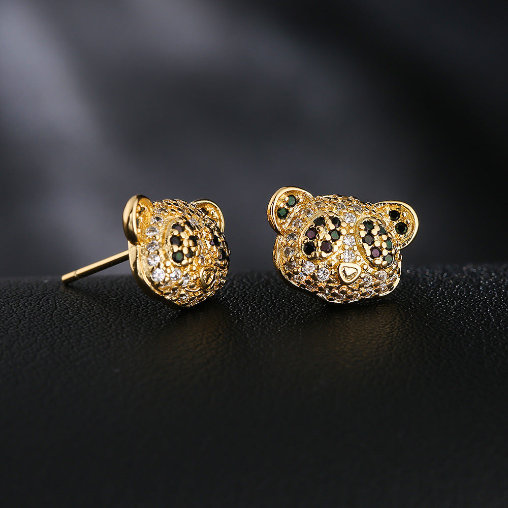 Orecchini in rame a forma di panda stile INS, placcati in oro 18 carati e intarsiati con zirconi, per donna