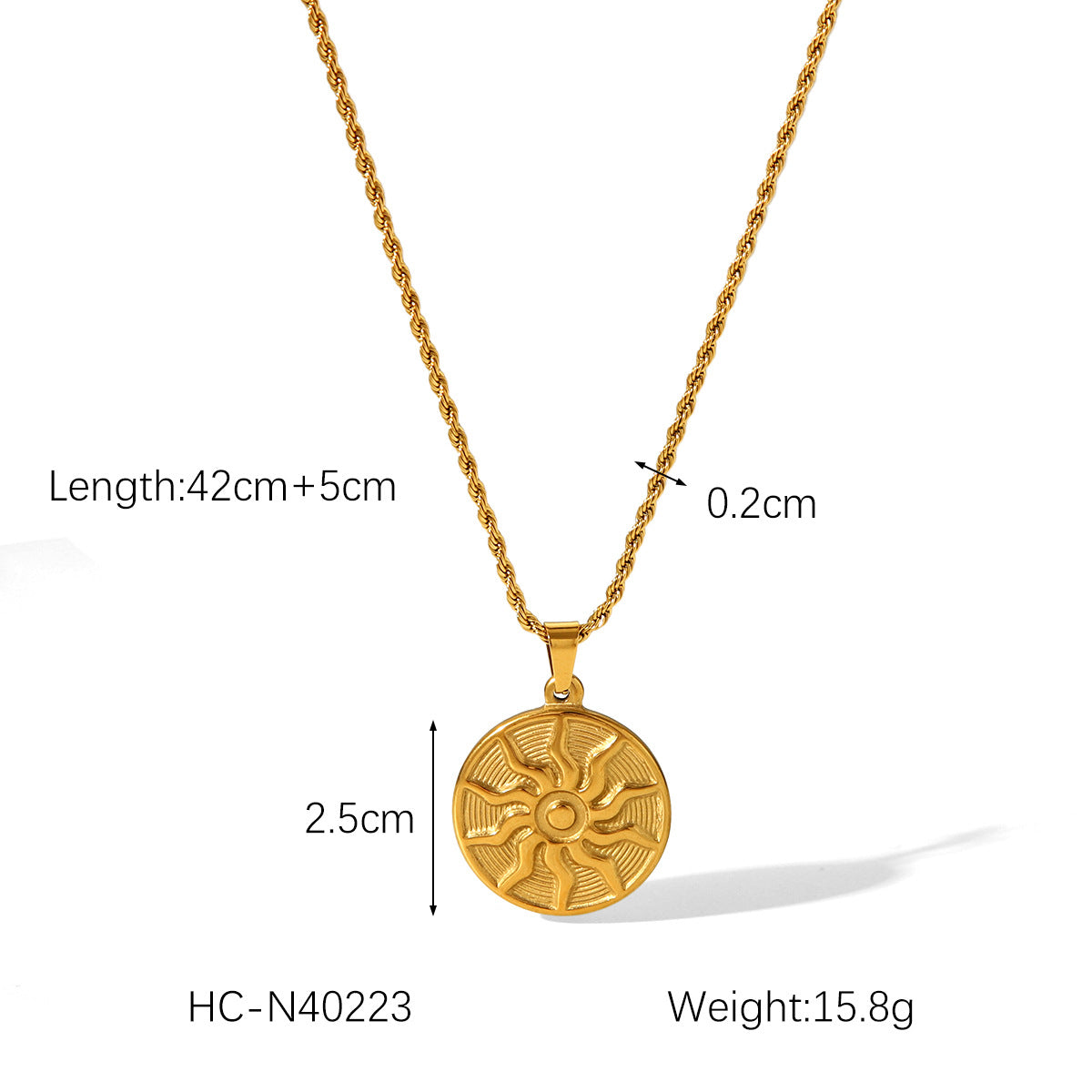 Punk Style Sun Symbol Pendant Necklace for Women in Stainless Steel with Titanium Steel Pendant and Plated Finish on Twisted Chain