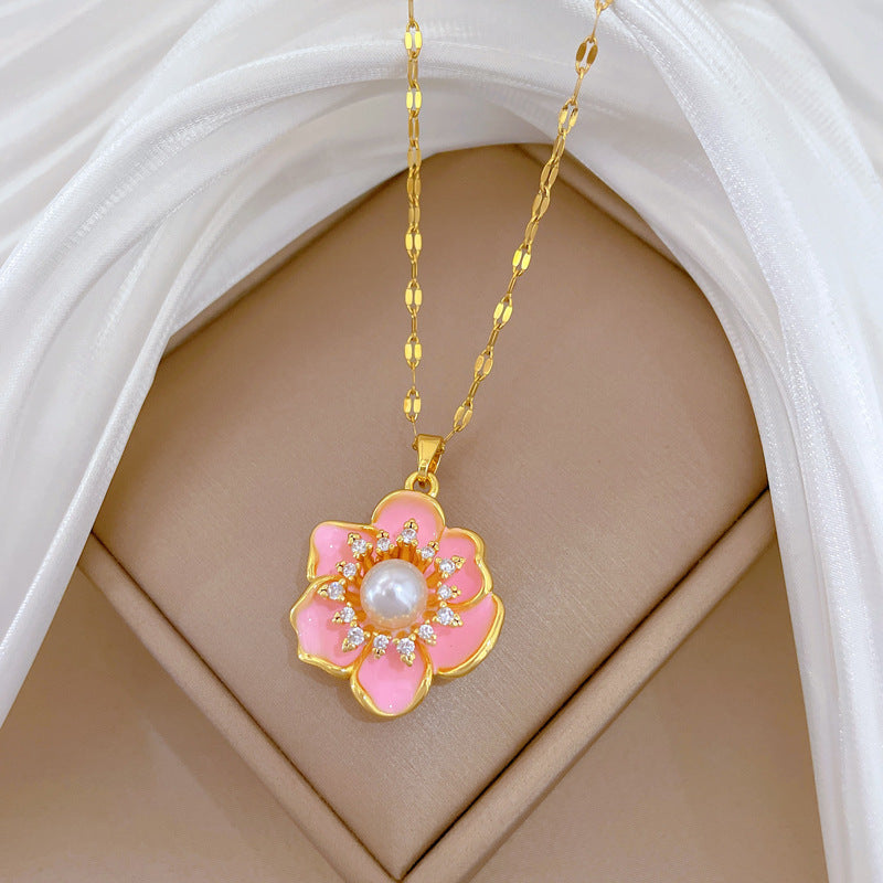 Sweet Luxury Pink Drip Oil Floral Rhinestone Titanium Steel Necklace for Unisex