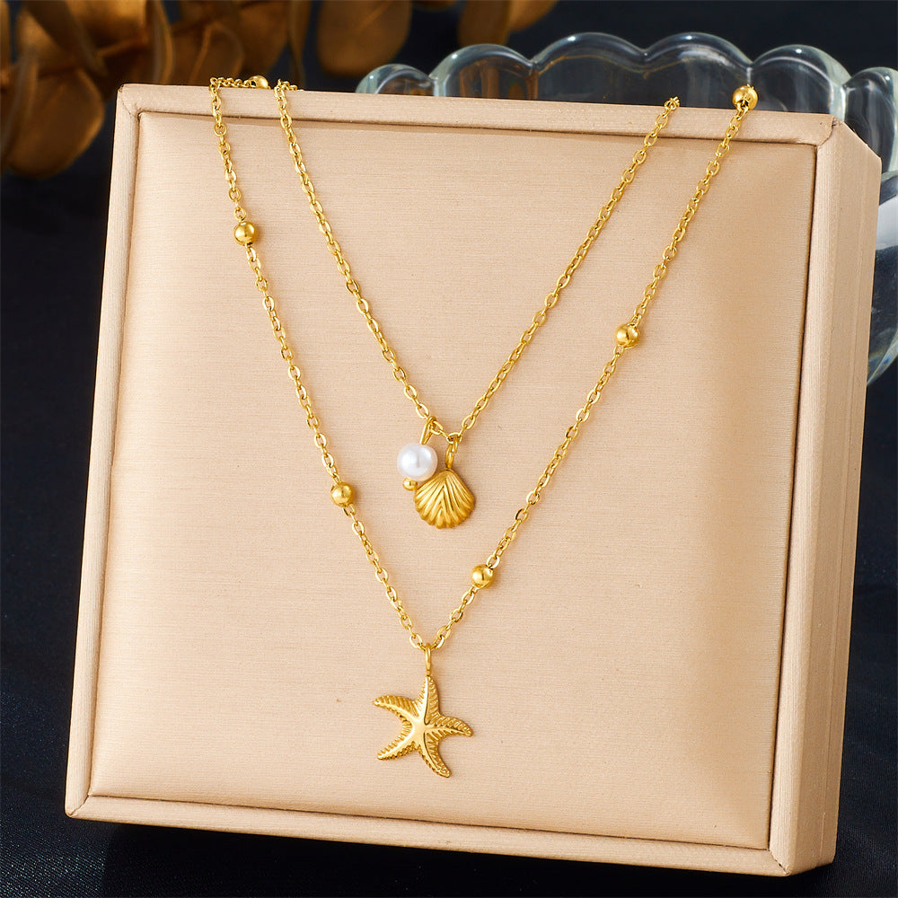 Stainless Steel Plated Star Heart Shell Cherry Sun Fish Pendant Necklace for Women Beach Vacation Style