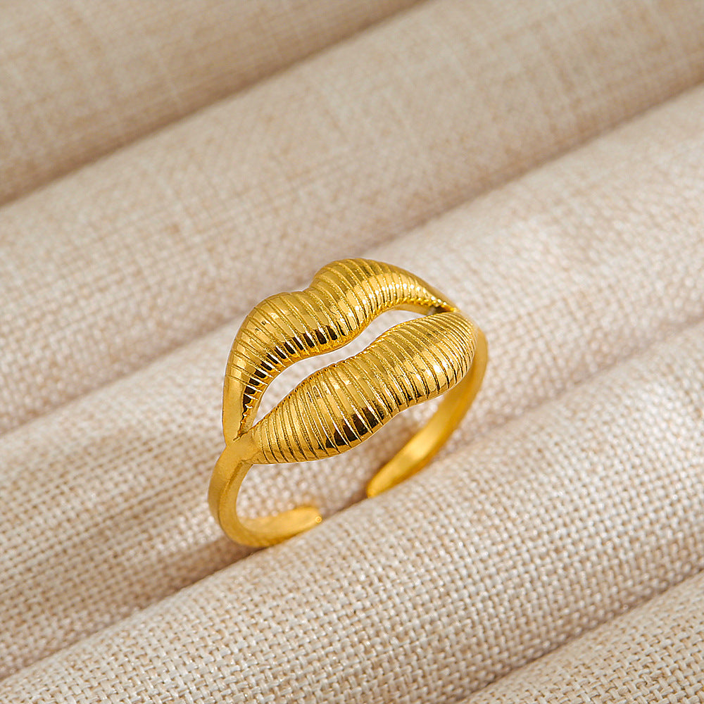 Anillo de Acero Titanio en Forma de U Geométrico Estilo Punk con Baño de Oro de 18K y Piedra Ovalada de Lava Micro-Pavé