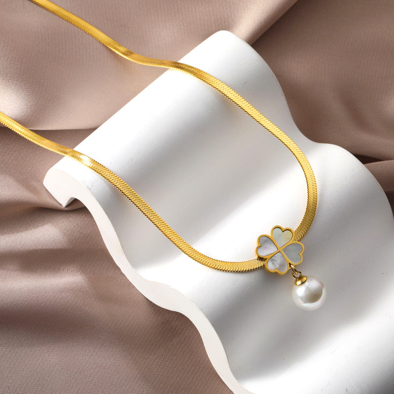 Cute 18K Plated Titanium Steel Heart Pendant Necklace Simple Snake Chain for Women
