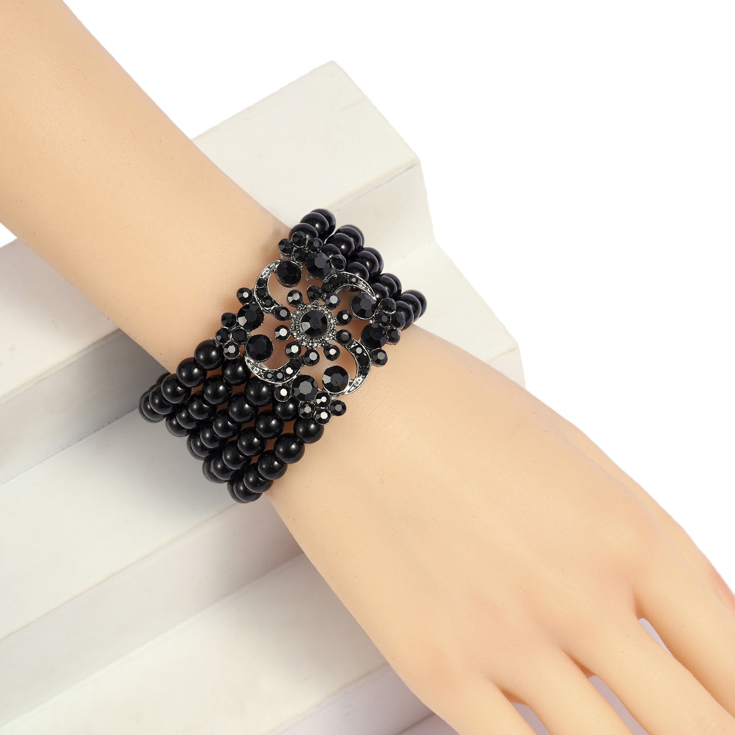 Vintage Multi-Layer Pearl and Rhinestone Bracelet with Floral Design for Women, Handcrafted Alloy Base