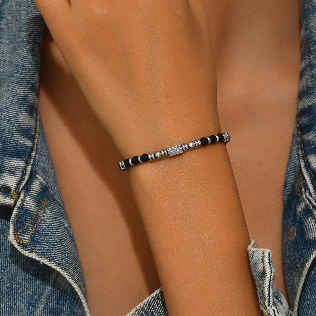 Pulsera vintage geométrica para hombres y mujeres con cuentas de piedra natural y acero inoxidable, diseño trenzado para recuerdo de viaje