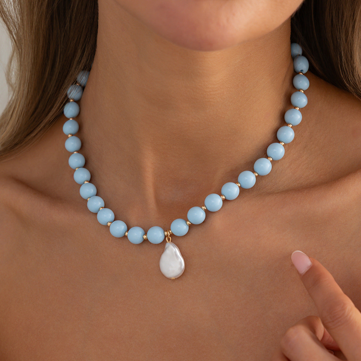Vintage Geometric Acrylic Beaded Necklace with Baroque Pearl Pendant for Women