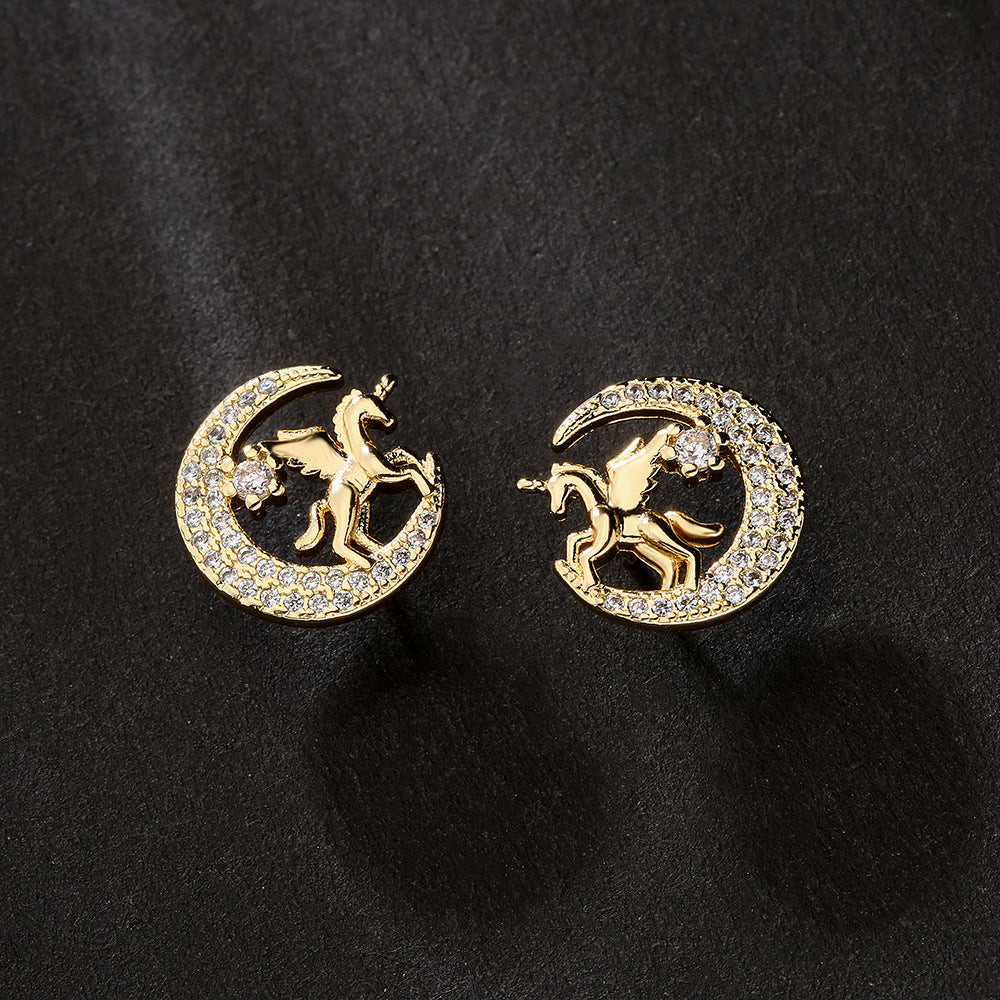 Minimalist Moon Unicorn Earrings for Women with Copper Base and 18K Gold Plating, Micro-Paved Zirconia Accents